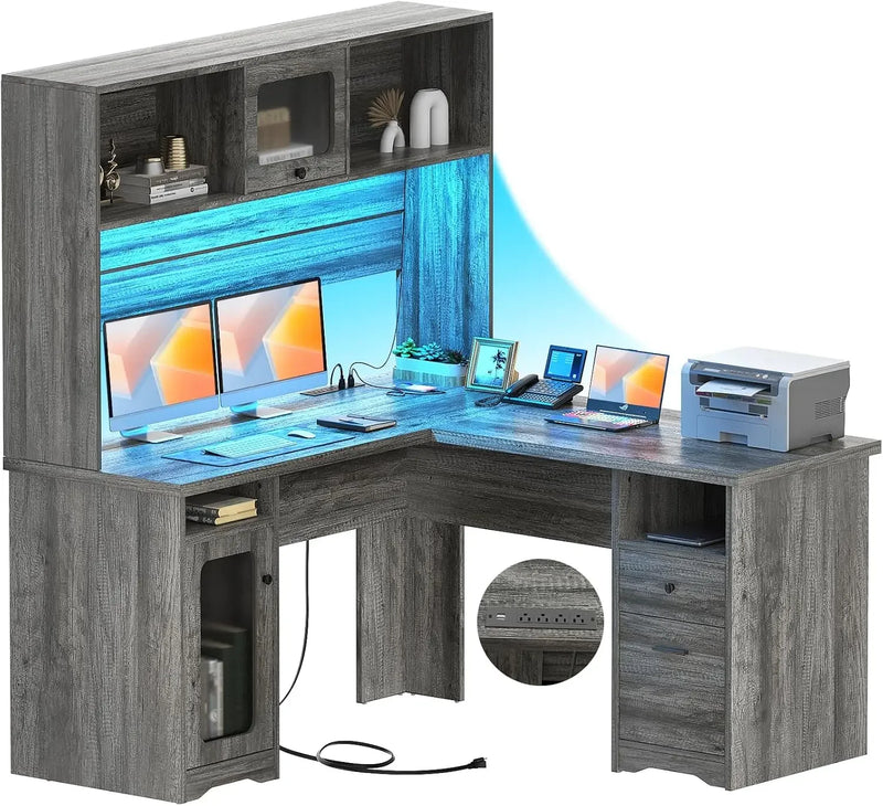 60" Office Desk with Drawers & Hutch, Large L Shaped Computer Desk with Power Outlet & LED Lights, File Cabinets,Corner Desk