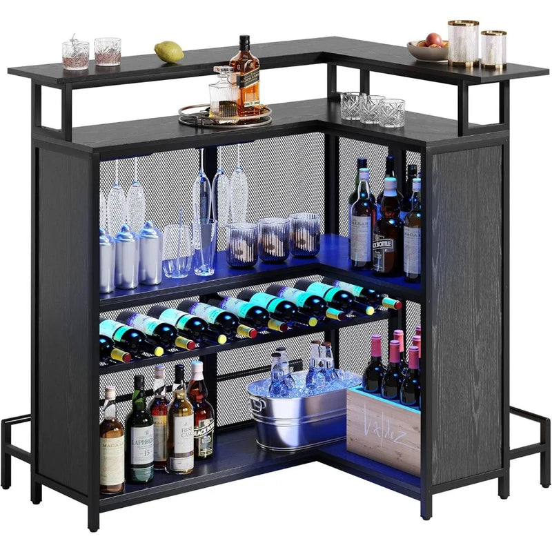 L Shaped Mini Home Bar Unit for Living Room with Music Sensing LED Light, Tall Bars Furniture Table with Wine Rack Alcohol Stor