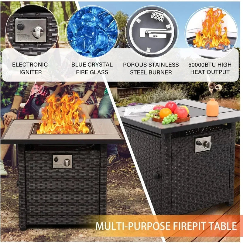 Outdoor Patio Furniture Set 7 Pieces Sectional Sofa with Fire Pit Table, Non-Slip 5" Thick Grey Cushion and Furniture Cover