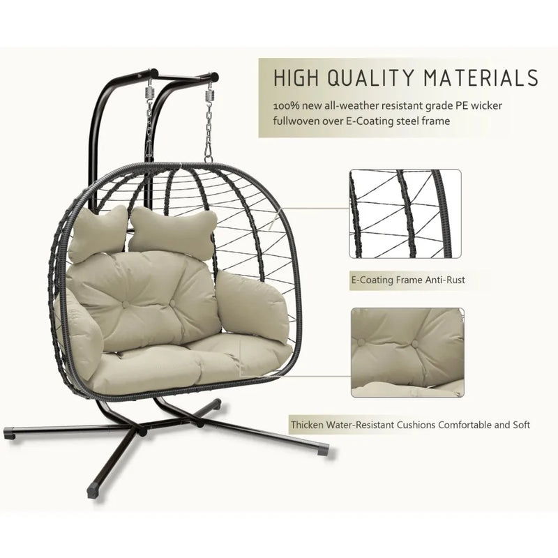 Double Wicker Swing Egg Chair Hammock Foldable Hanging Loveseat with Stand, UV Resistant Removable Cushions, 700LBS Capacity