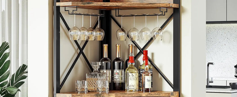 Corner Bar Cabinet with Storage, Wine Cabinet with Glass Holder, Metal Mesh Door & Adjustable Shelf, Liquor Cabinet Bar for Home