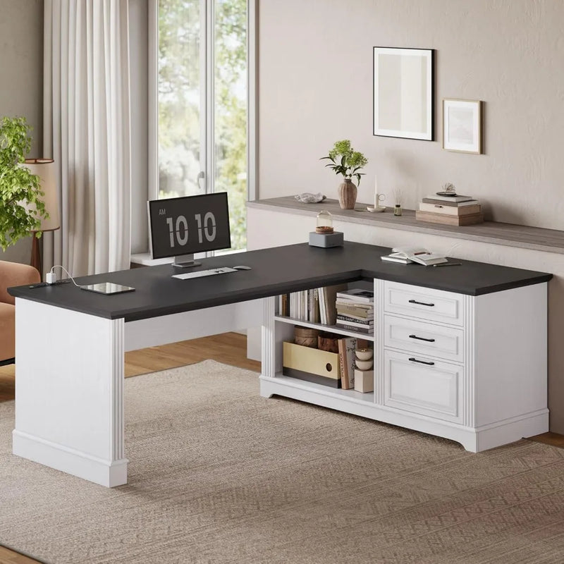 Computer Desk, Farmhouse 61" Executive L Shaped Desk, Home Office Desk with File Drawers, Computer Desk with Power