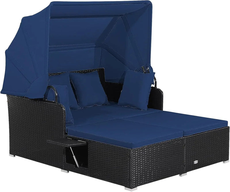 Patio Rattan Daybed with Retractable Canopy, Patiojoy Wicker Sun Lounger with 2 Foldable Side Panels, Thick Seat & Back Cushions