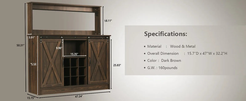Farmhouse Coffee Bar Cabinet with 6 Hooks, 47 Inch Coffee Bar Hutch with 9 Wine Racks, Coffee Bar Table with Sliding Barn Door