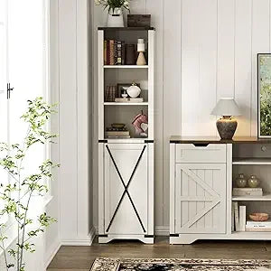 71"H Farmhouse Tall Storage Cabinet, Kitchen Pantry Cabinet with Barn Doors and Adjustable Shelves, Floor Standing Bookshelf 5 T