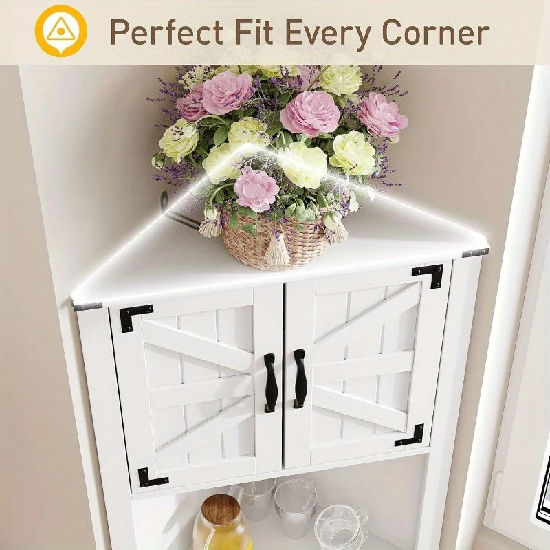 Maupvit 68" Tall Corner Cabinet with 4 Barn Doors and Adjustable Shelves Farmhouse Bathroom Cabinet with Storage Home Sp