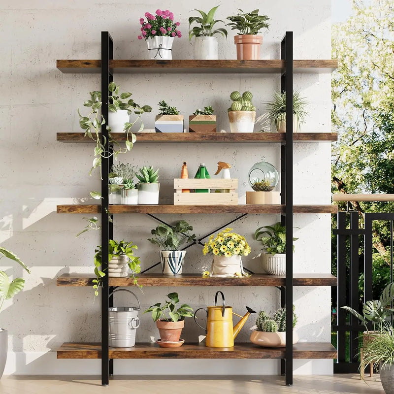 Bookshelf, 5 Tier Book Shelf, Industrial Bookcase For Home And Office, 47"" Length Wide Wood Standing Bookshelf Display Open