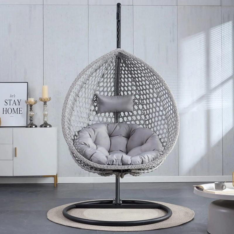 Hanging Egg Chair Outdoor,Rattan Swing with Foldable Basket,Hammock with Metal Stand,Lounge for Garden Backyar