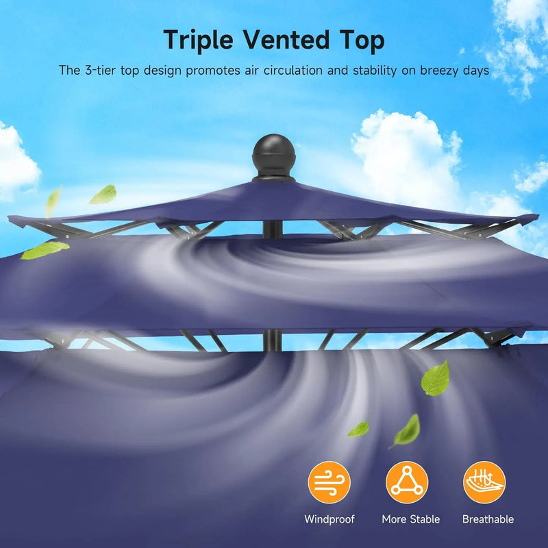 10 Ft Patio Umbrella, 3 Tier Outdoor Table Umbrella With 8 Sturdy Glass Fiber Ribs And Push Button Tilt, Outdoor Patio