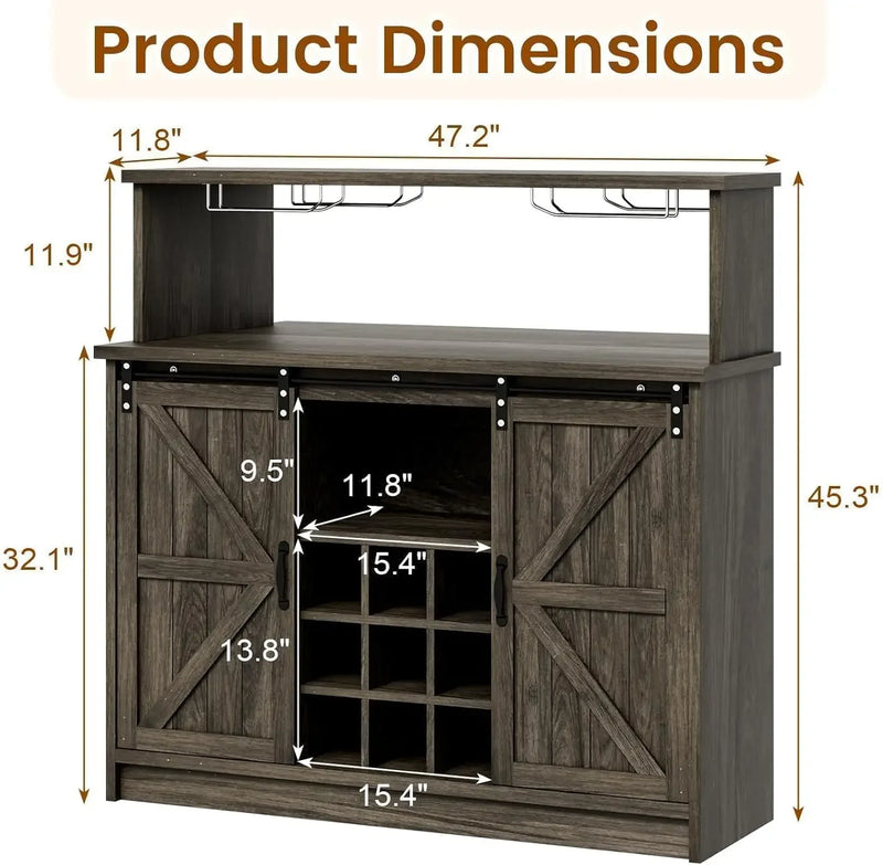 Bar Cabinet, 47” Buffet Sideboard with 4 Glass Hooks & 9 Wine Racks, Coffee Bar Cabinet with Sliding Barn Door Bar Cabinet