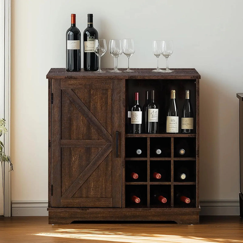 Farmhouse Coffee Bar Cabinet with Storage, 32 inch Table with Barn Door and 9 Wine Racks, Adjustable Shelf, Dining