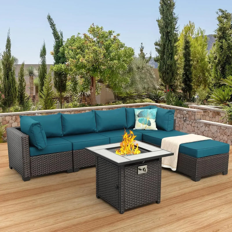 Outdoor Patio Furniture Set 7 Pieces Sectional Sofa with Fire Pit Table, Non-Slip 5" Thick Grey Cushion and Furniture Cover