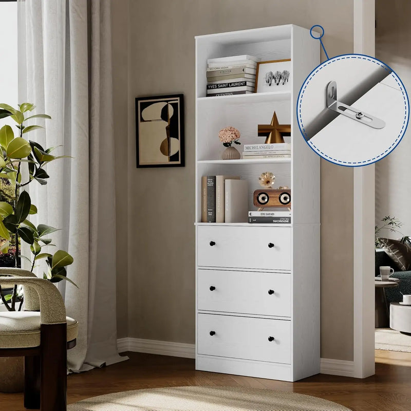 71" Tall Bookshelves Set of 2,White Bookshelf with 3 Drawers and 3-Tier Open Shelves,Home Decor Furniture for Living Room