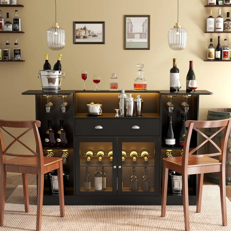Bar Table Cabinet with Drawer, Mini Liquor Bar with 8-Tier Storage & Stemware Holder, Wine with Glass Door