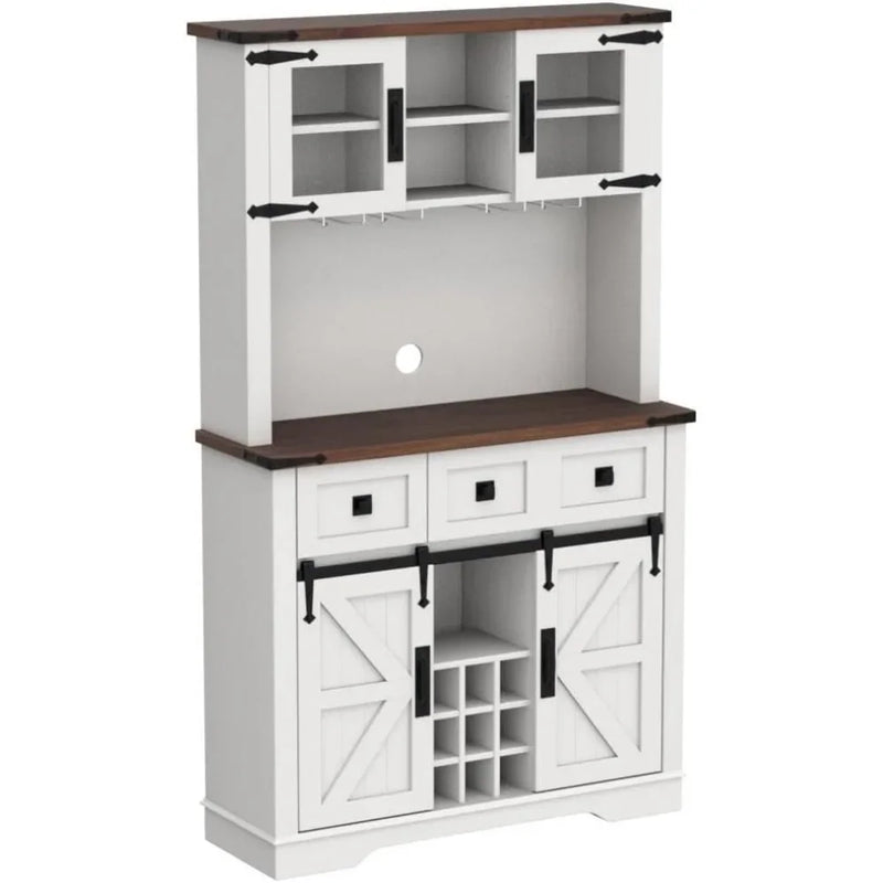 72" Farmhosue Bar Cabinet with Sliding Barn Door, Large Kitchen Buffet with Hutch w/Wine & Glasses Rack, 3 Drawers, 12 Stora