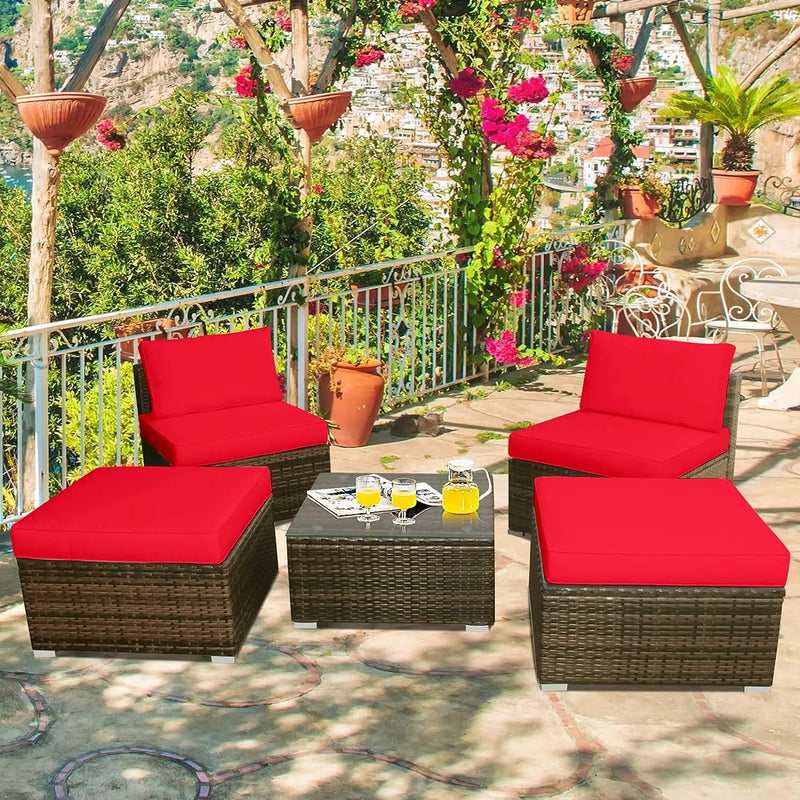 5-piece chaise longue set with ottoman and coffee table, outdoor rattan wicker chaise longue, sofa bed, sofa set with cushions