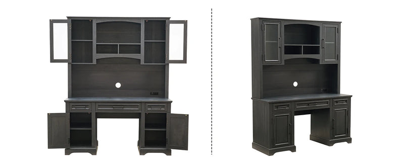 JXQTLINGMU Farmhouse 76" Height Computer Office Desk with Hutch Charging Station Drawers Storage Cabinet Workstation Home