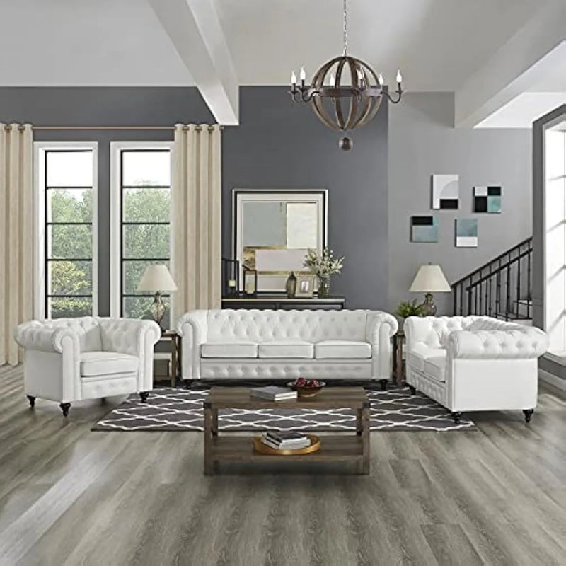 Chesterfield 3 Piece Living Room Sectional Sofa Set with Rolled Arms, Tufted Cushion Sofas for Living Room Set Includes Sofa