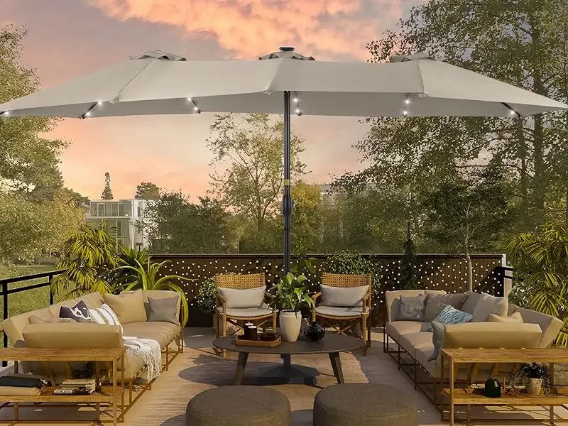 Patio Umbrella 15x9FT LED Double-sided with UPF50+ and Wind-Resistant Design, (No Base), Effortless Operation Outdoor Umbrella