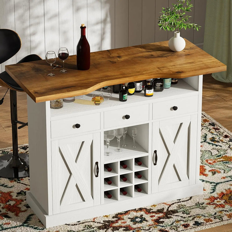 Farmhouse Home Bar Unit with 4-Tier Storage, 52 Inch Home Bar Table with 3 Drawers and 9 Wine Racks, Wine and Liquor Cabinet