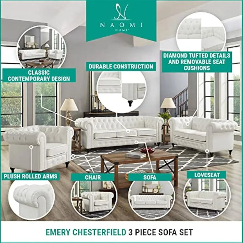 Chesterfield 3 Piece Living Room Sectional Sofa Set with Rolled Arms, Tufted Cushion Sofas for Living Room Set Includes Sofa