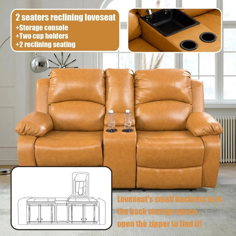 Ginger Leather Reclining Sofa Set for Living Room Set,Recliner Sofa with Drop Down Table/Double Recliner sofas