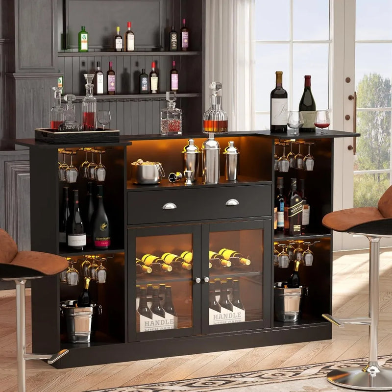 Bar Table Cabinet with Drawer, Mini Liquor Bar with 8-Tier Storage & Stemware Holder, Wine with Glass Door