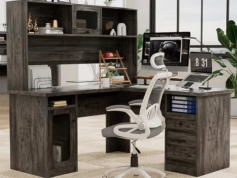 60" Office Desk with Drawers & Hutch, Large L Shaped Computer Desk with Power Outlet & LED Lights, File Cabinets,Corner Desk