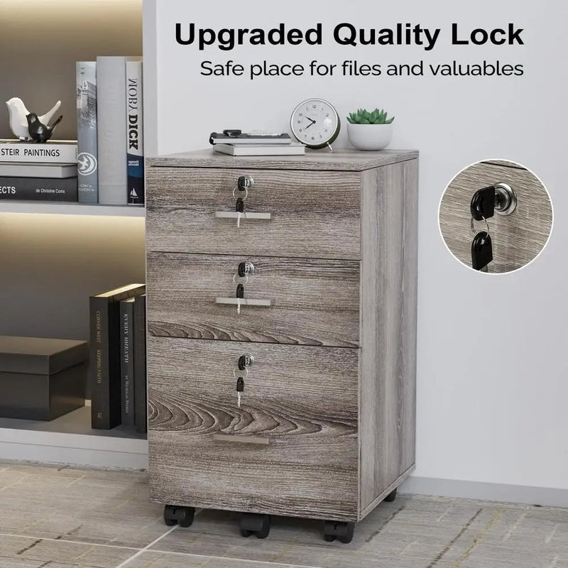 Office Mobile File Cabinet 3-Drawer Lockable Rolling Storage Cabinet Letter-Sized Folders with Handles & Wheels Gray Oak