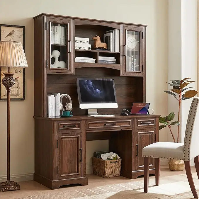 JXQTLINGMU Farmhouse 76" Height Computer Office Desk with Hutch Charging Station Drawers Storage Cabinet Workstation Home