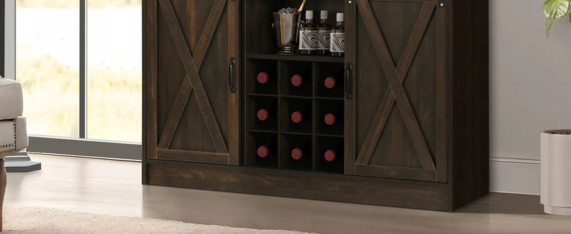 Farmhouse Coffee Bar Cabinet with 6 Hooks, 47 Inch Coffee Bar Hutch with 9 Wine Racks, Coffee Bar Table with Sliding Barn Door