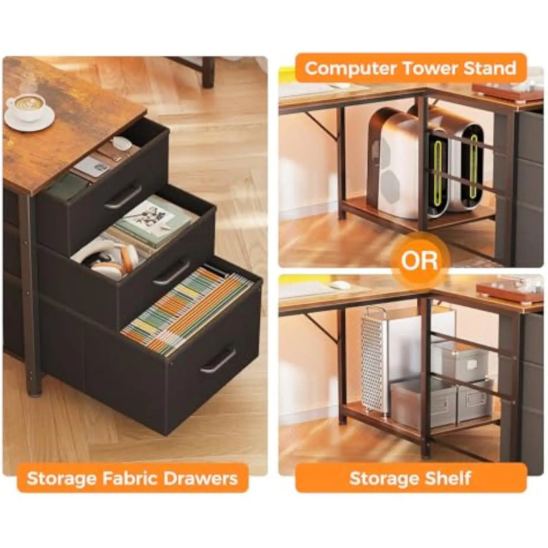 94 Computer Desk with Fabric Drawer & File Cabinet- 2 Person Home Office Desk with Power Outlet & LED Light, Long Writing Desk