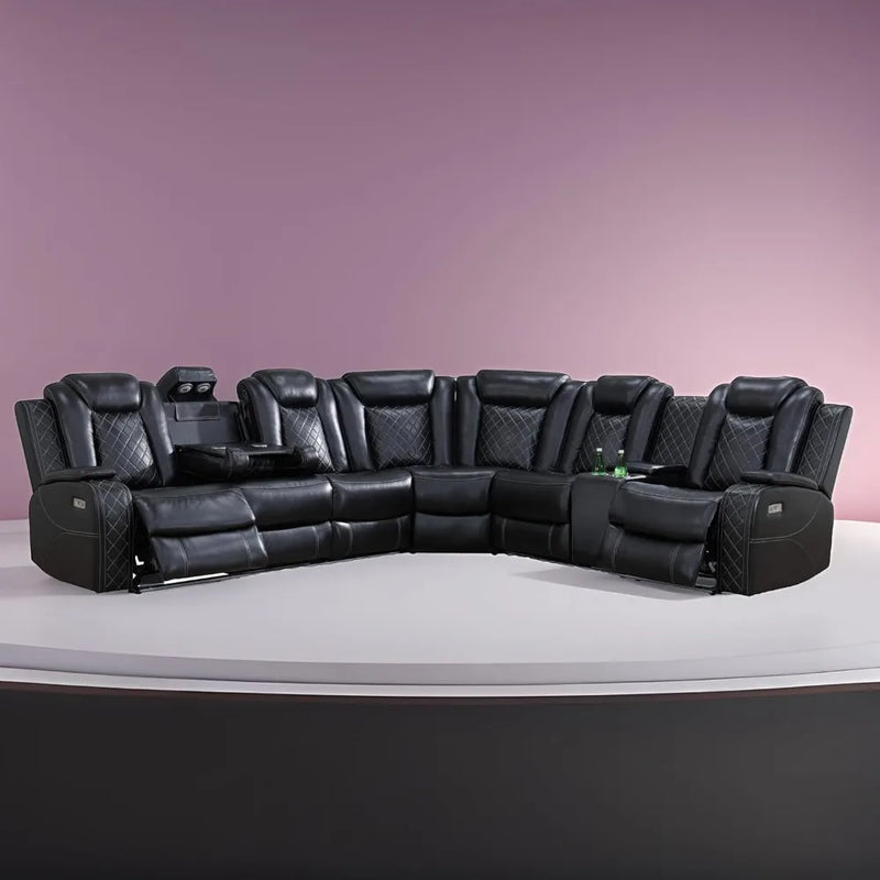 Air Leather Power Recliner Sectional with LED Lights,Reader Lights, Storage Consoles,Cup Holders USB Charging Port Sectional Set