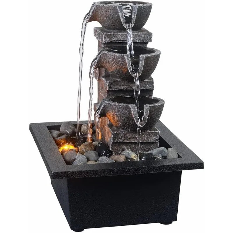Home Décor Imitation 3-Tier Stone Wall Tabletop Fountain Many Natural River Rock Office Relaxing Desktop Zen Waterfall