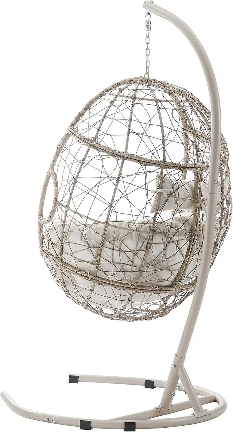 Furniture Indoor Outdoor Hanging Egg Chair with Stand for Patio, Porch, Deck, Light Brown with Sand Cushions