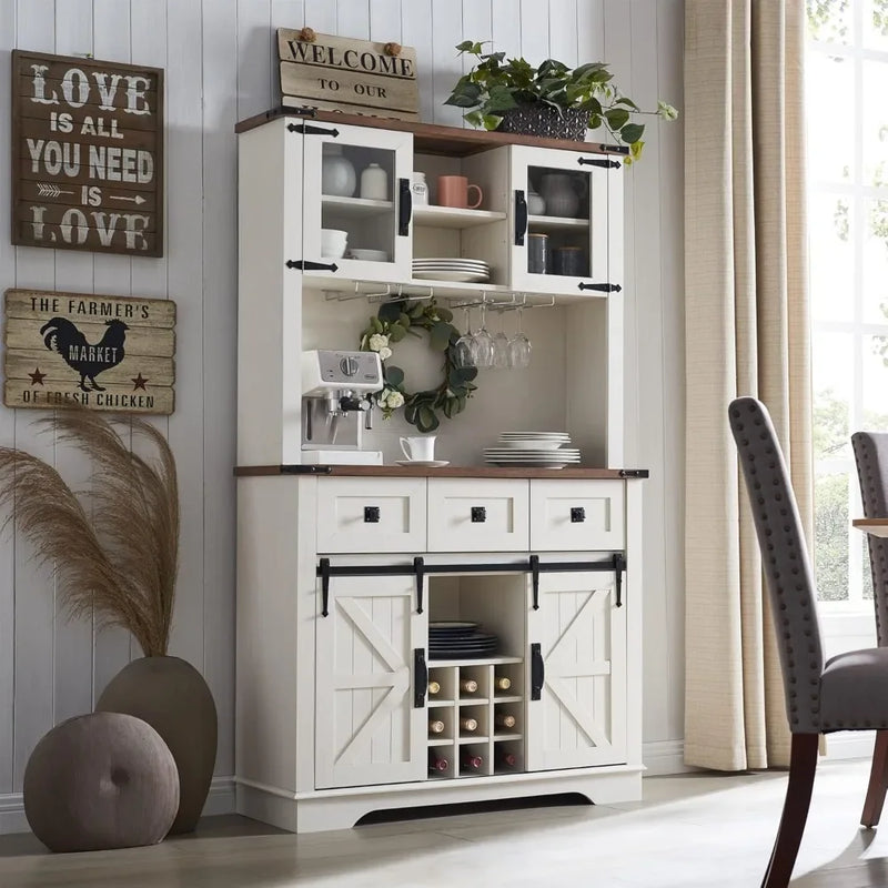 72" Farmhosue Bar Cabinet with Sliding Barn Door, Large Kitchen Buffet with Hutch w/Wine & Glasses Rack, 3 Drawers, 12 Stora