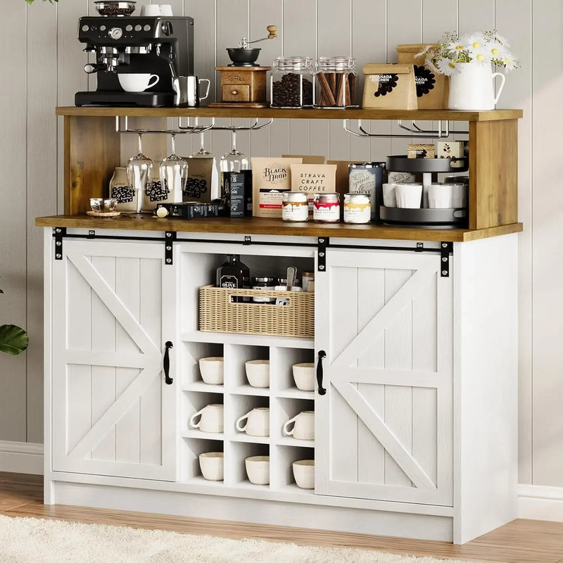 Bar Cabinet, 47” Buffet Sideboard with 4 Glass Hooks & 9 Wine Racks, Coffee Bar Cabinet with Sliding Barn Door Bar Cabinet