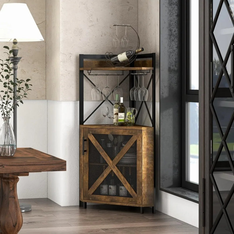Farmhouse Corner Wine Cabinet with Storage, Wine Bar Cabinet with Glass Holder, Liquor Cabinet with Metal Mesh Doors & Adjustable Shelf