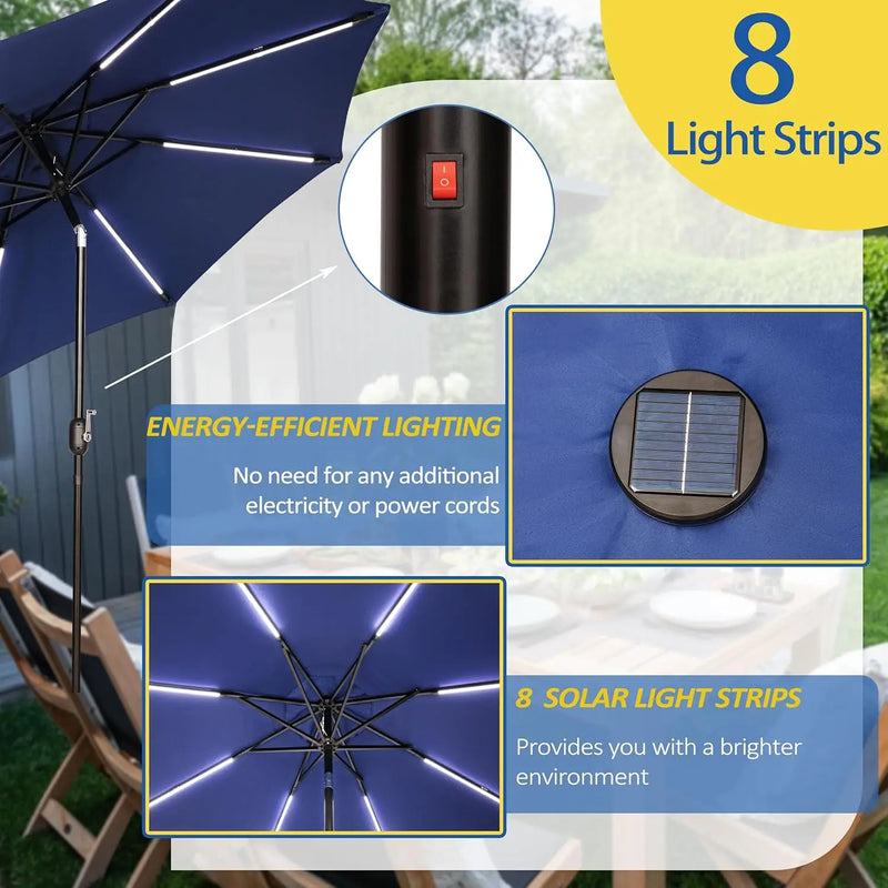 9FT Outdoor Solar LED Lighted Patio Umbrella with 8 LED Strip Lights & 8 Ribs, Convenient Crank Lift System