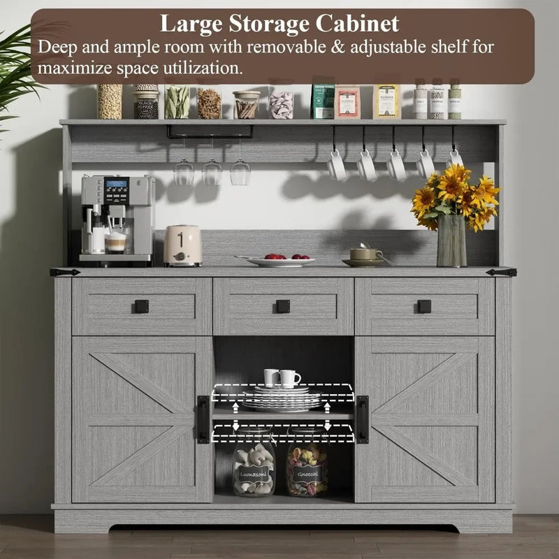 Farmhouse Bar Cabinet with Hutch, Kitchen Buffet Cabinet with Storage Cabinet & 3 Sliding Drawers, Adjustable Shelf
