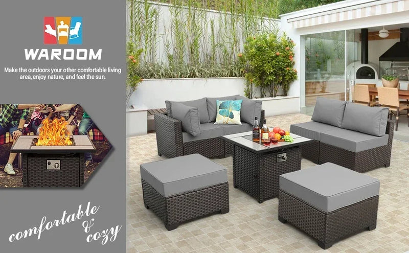Outdoor Patio Furniture Set 7 Pieces Sectional Sofa with Fire Pit Table, Non-Slip 5" Thick Grey Cushion and Furniture Cover
