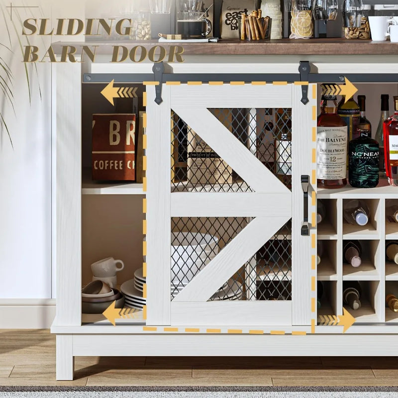 55" Coffee Bar Cabinet with LED Lights, Farmhouse Wine Bar Cabinet for Home with Wine Glass Rack, Kitchen Buffet Cabinet with Sl