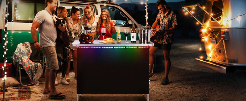 Portable Bar Table with Multi-Color LED Lights, Pop Up Folding Mobile Bar Bartender Table Podium Table for Events