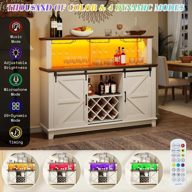 Sideboard Buffet Cabinet with Storage, 55" Farmhouse Coffee Wine Bar Cabinet with LED Light, Barn Doors Storage Cabinet for Home