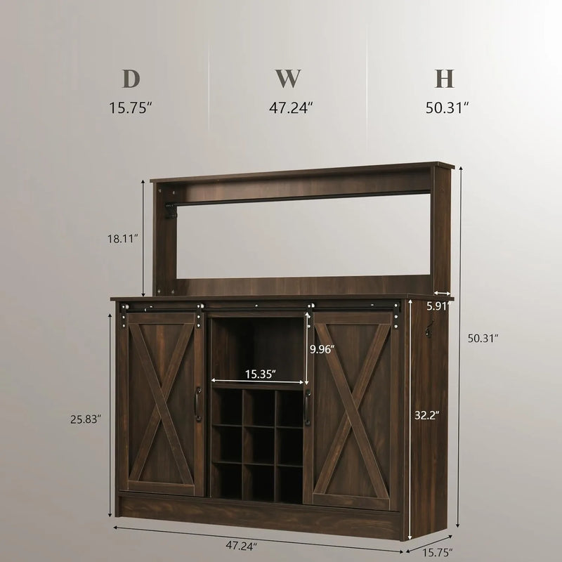 Farmhouse Coffee Bar Cabinet with 6 Hooks, 47 Inch Coffee Bar Hutch with 9 Wine Racks, Coffee Bar Table with Sliding Barn Door