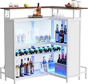 L Shaped Mini Home Bar Unit for Living Room with Music Sensing LED Light, Tall Bars Furniture Table with Wine Rack Alcohol Stor