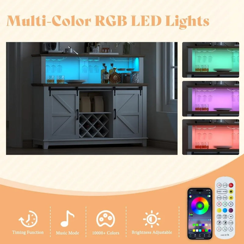 Farmhouse Coffee Bar Cabinet with LED Lights, Buffet Cabinet with Storage & Wine Racks, Home Liquor Cabinet with Adjustable