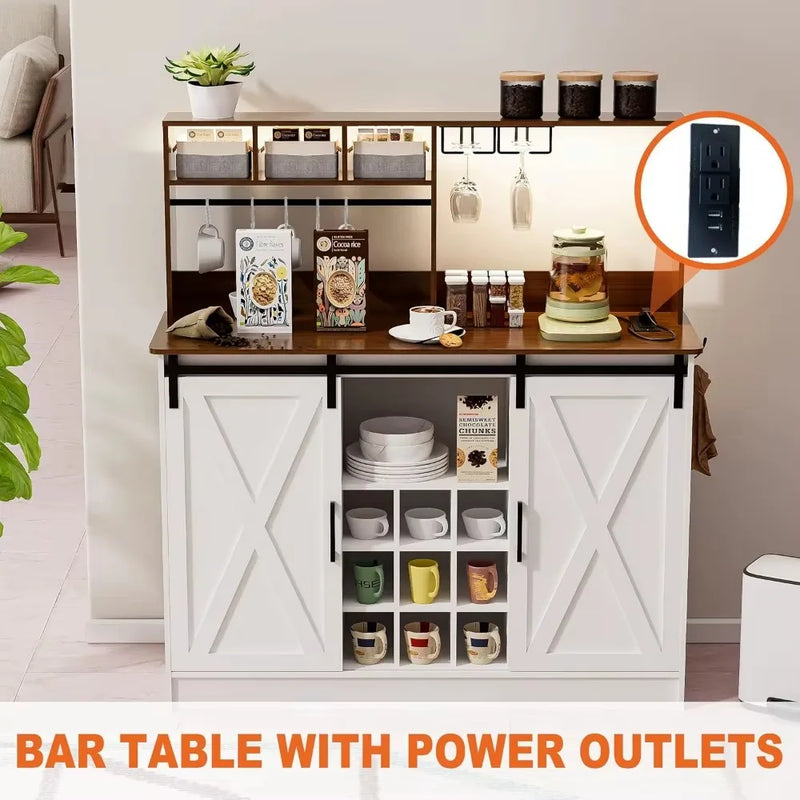 Coffee Bar Cabinet with Adjustable 20-Color LED Lights and 6.5FT Outlet, Kitchen Buffet Storage Cabinet, 47'' Sideboard