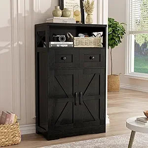 71"H Farmhouse Tall Storage Cabinet, Kitchen Pantry Cabinet with Barn Doors and Adjustable Shelves, Floor Standing Bookshelf 5 T