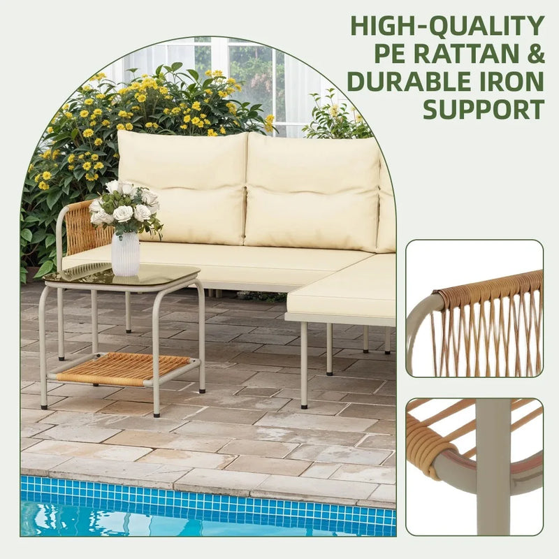 3-Piece Outdoor Wicker Patio Furniture Set -Rattan L-Shaped Sectional Sofa with Detachable Lounger, Table, and Cushions